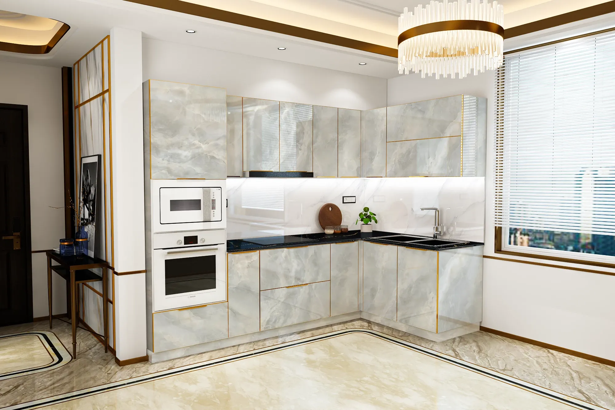 Bàn bếp đá hoa cương trắng với các đường vân xám mềm mại, kết hợp với tủ bếp màu xanh navy tạo nên không gian bếp sang trọng và hiện đại.