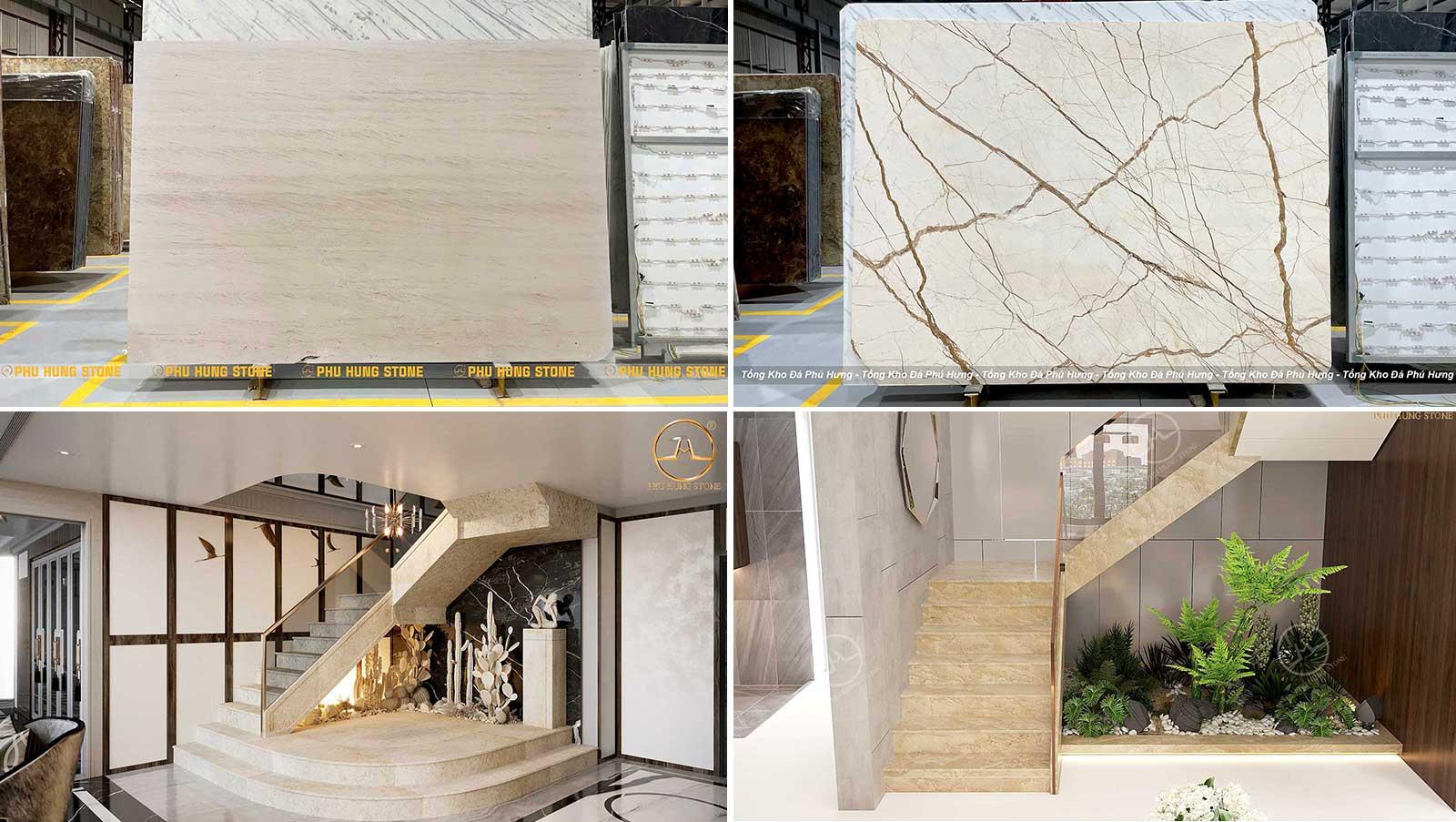 Cầu thang ốp đá granite màu kem
