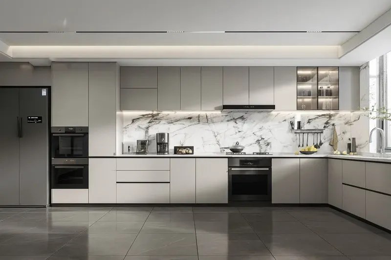 Mặt bếp đá granite xám với các đường vân độc đáo, mang lại vẻ đẹp hiện đại và sang trọng cho không gian bếp.